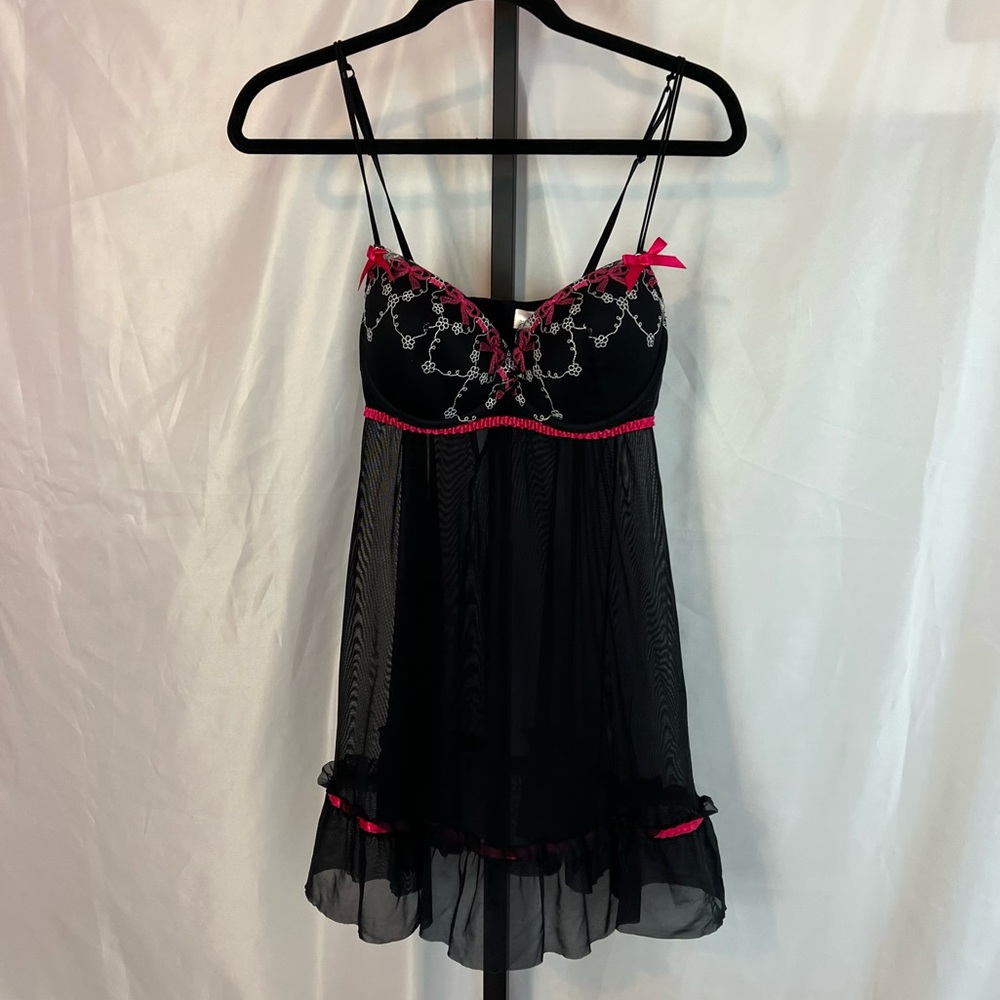 Inner Secrets Black and Pink Sheer Babydoll Lingerie, size Large